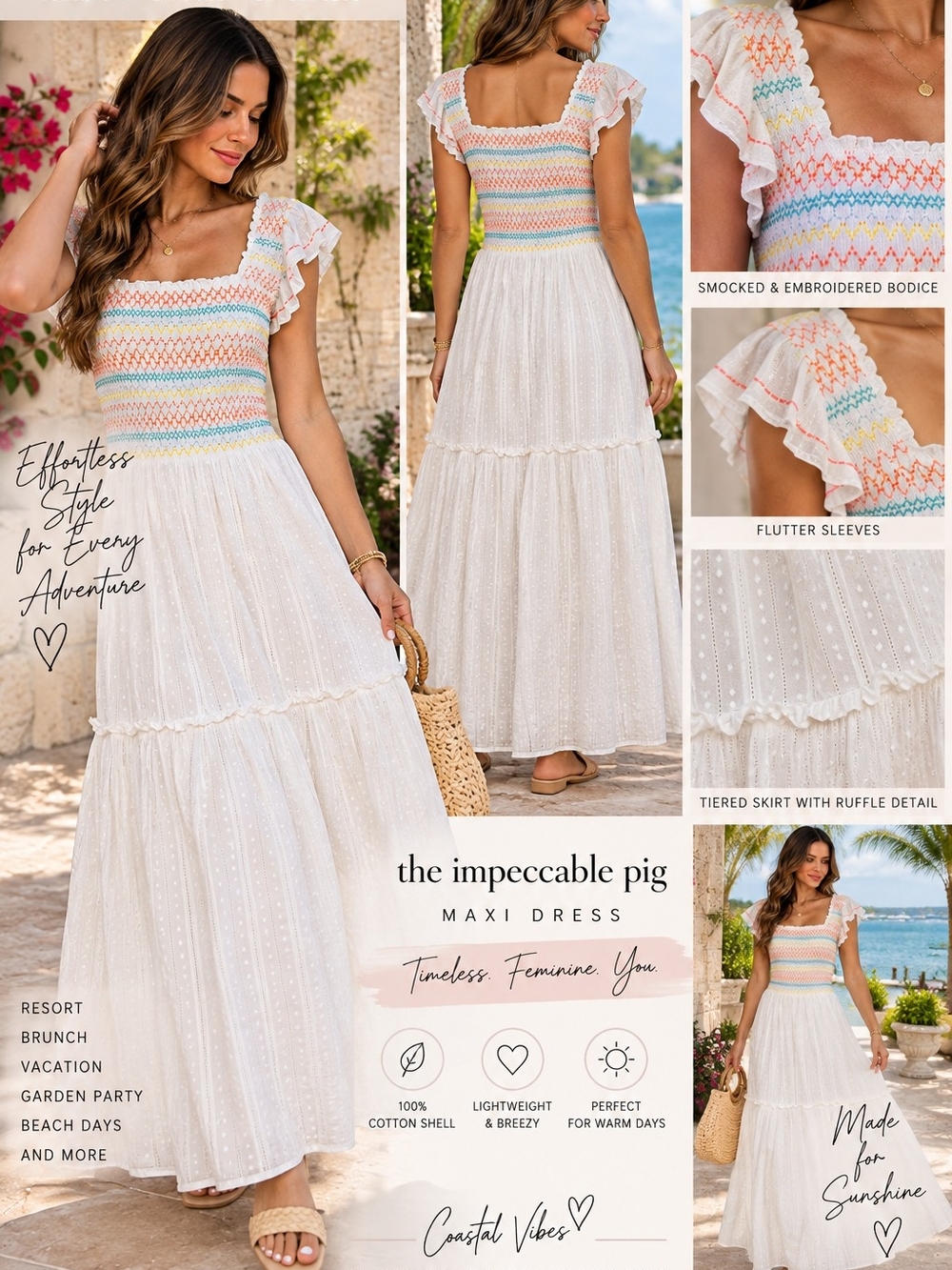 The Impeccable Pig White Smocked Embroidered Cotton Maxi Dress S